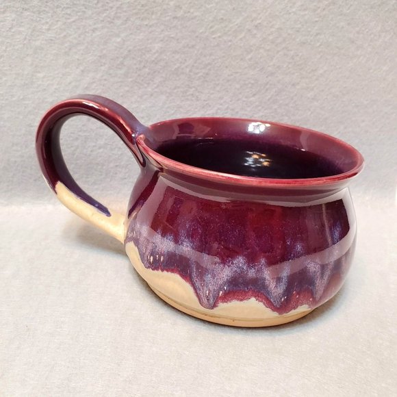 Hand Crafted Studio Pottery Soup Mug, Signed Large Coffee Cup, Purple Drip Glaze - Picture 1 of 13